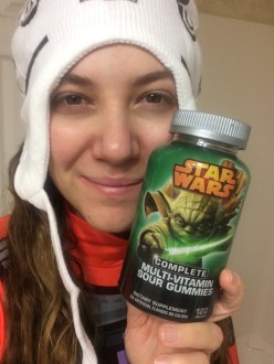 Aurora posing bleary eyes with some Star Wars vitamins