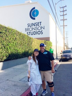 Aurora De Lucia and her dad outside of Sunset Bronson Studios for a Let's Make a Deal taping