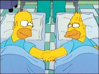 Homer and Grampa holding hands before kidney surgery