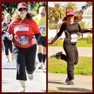 a side by side of two pictures of Aurora De Lucia running when she was pretty fat, and running when she's much less fat