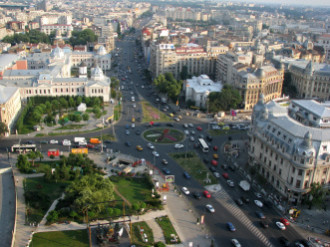 Overview of Bucharest with lots of cars on the street