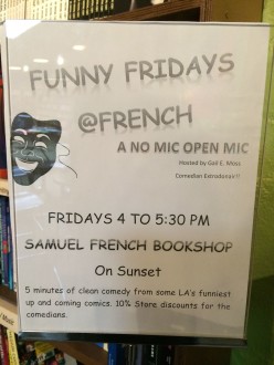 Funny Fridays flyer for Samuel French bookshop