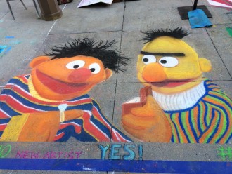 Bert and Ernie getting engaged mural at the Pasadena Chalk Festival