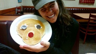 Aurora with her reindeer pancake at Denny's