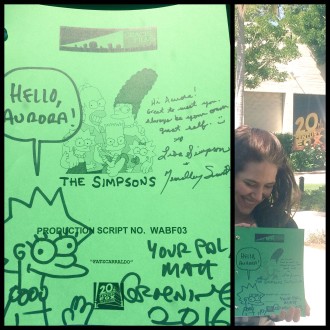 Aurora with her script at the Simpsons table read