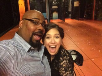 James Iglehart hanging with Aurora De Lucia onstage at Aladdin